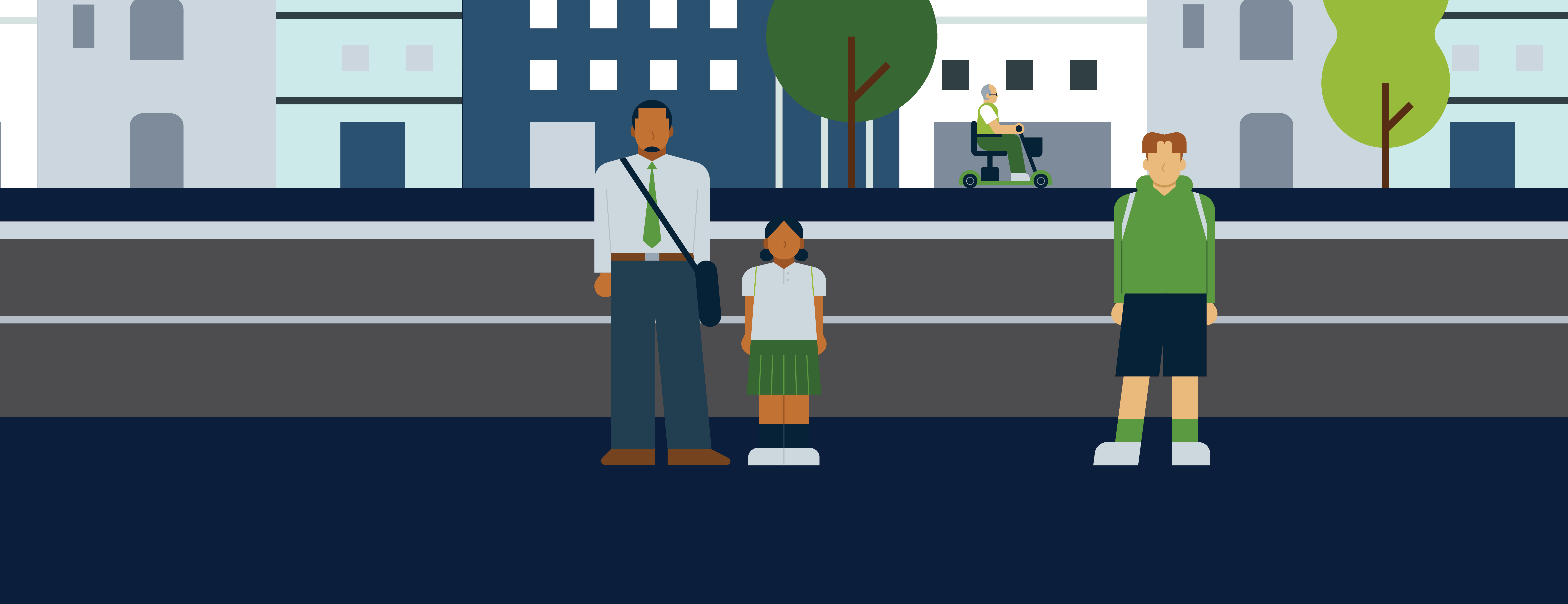 Two adults and a child on a city street, buildings and trees in the background.