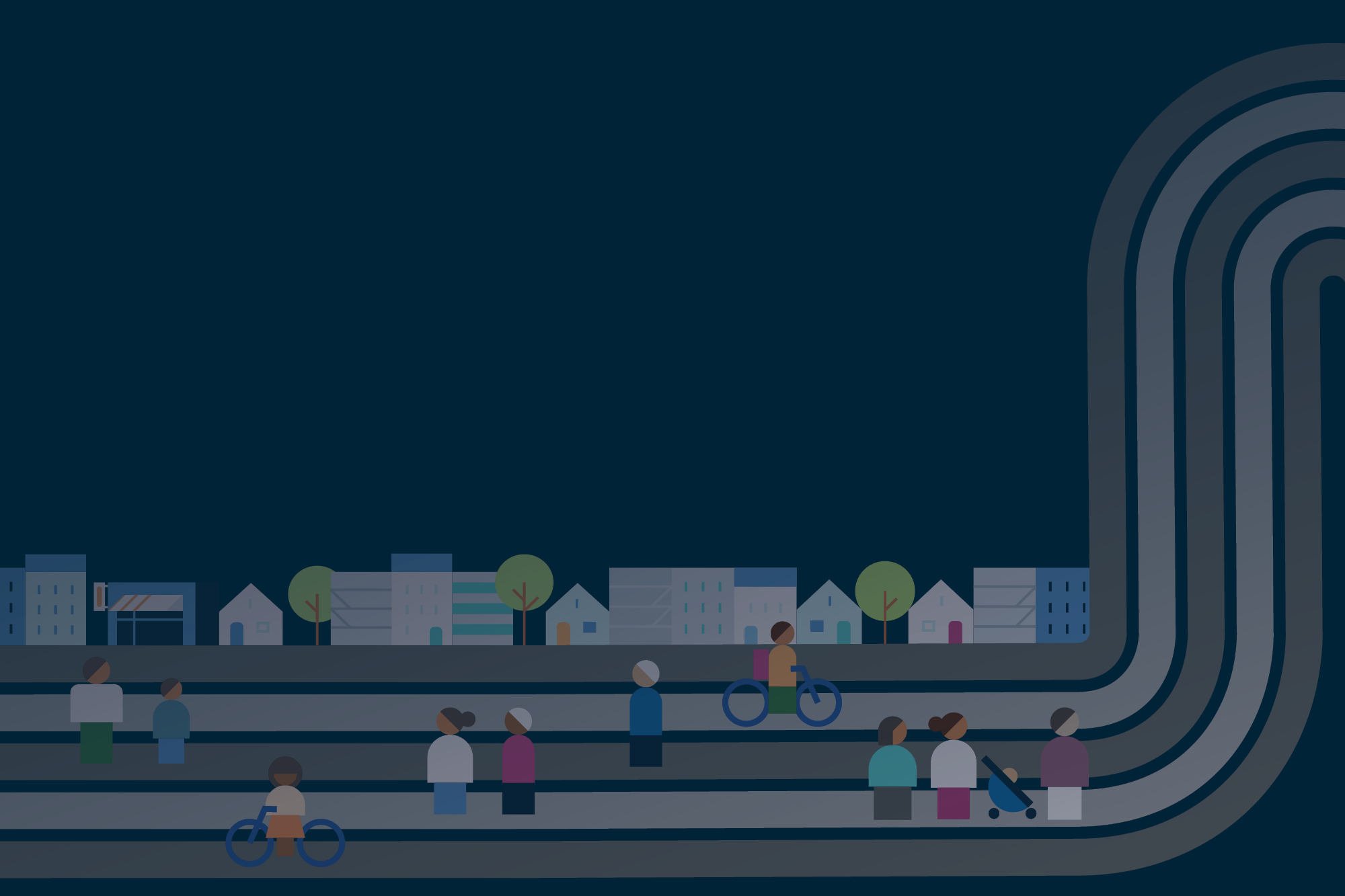 Stylized cityscape with small figures on winding paths for Planning for Main Streets..