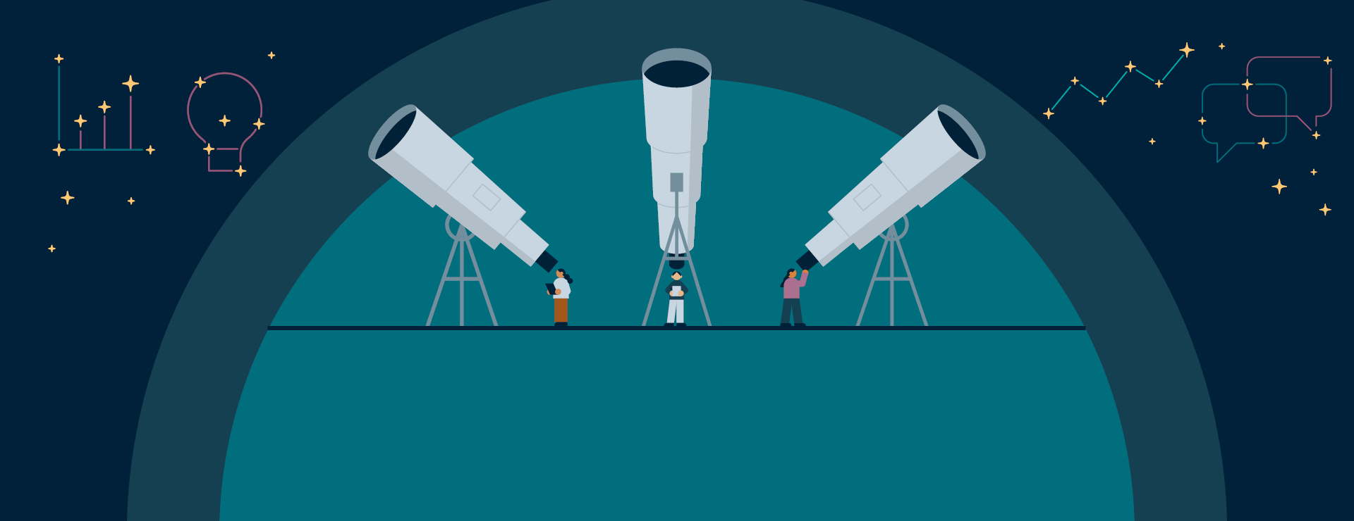 Three telescopes pointing outward under a dark sky with stars.