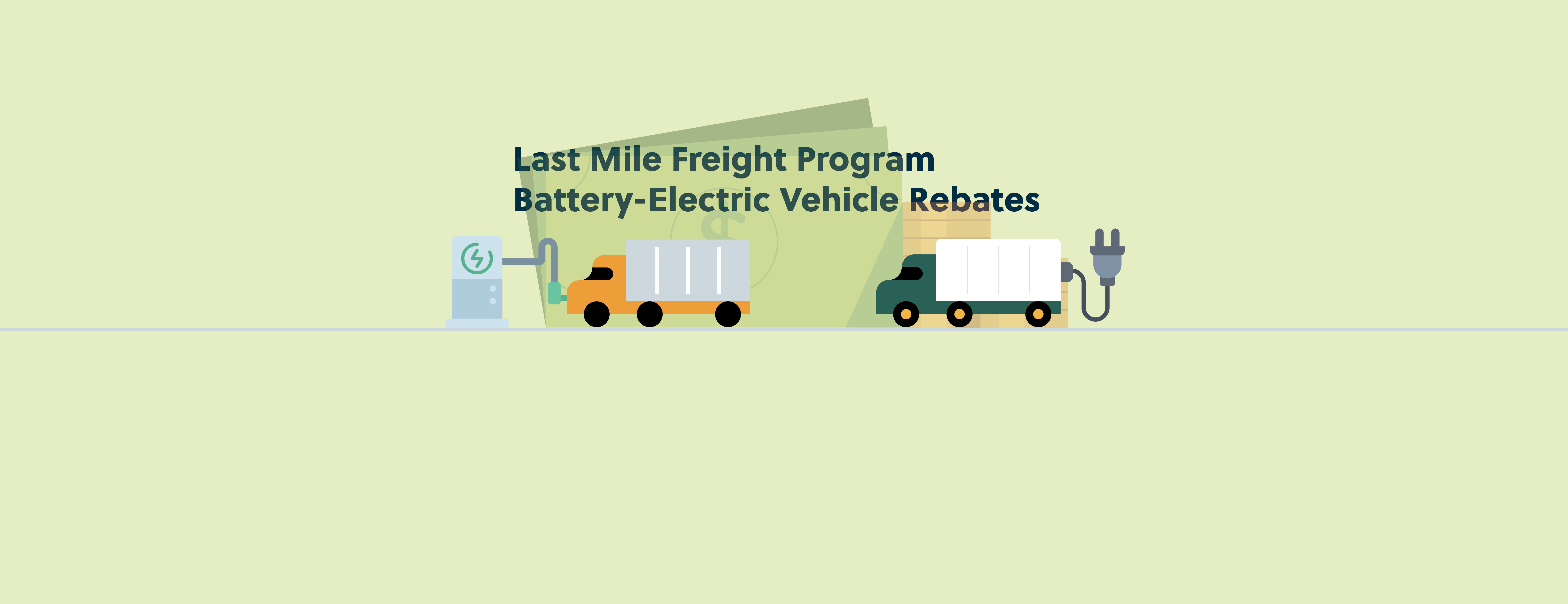 LMFP graphic with electric delivery trucks with charging stations against a light green background.