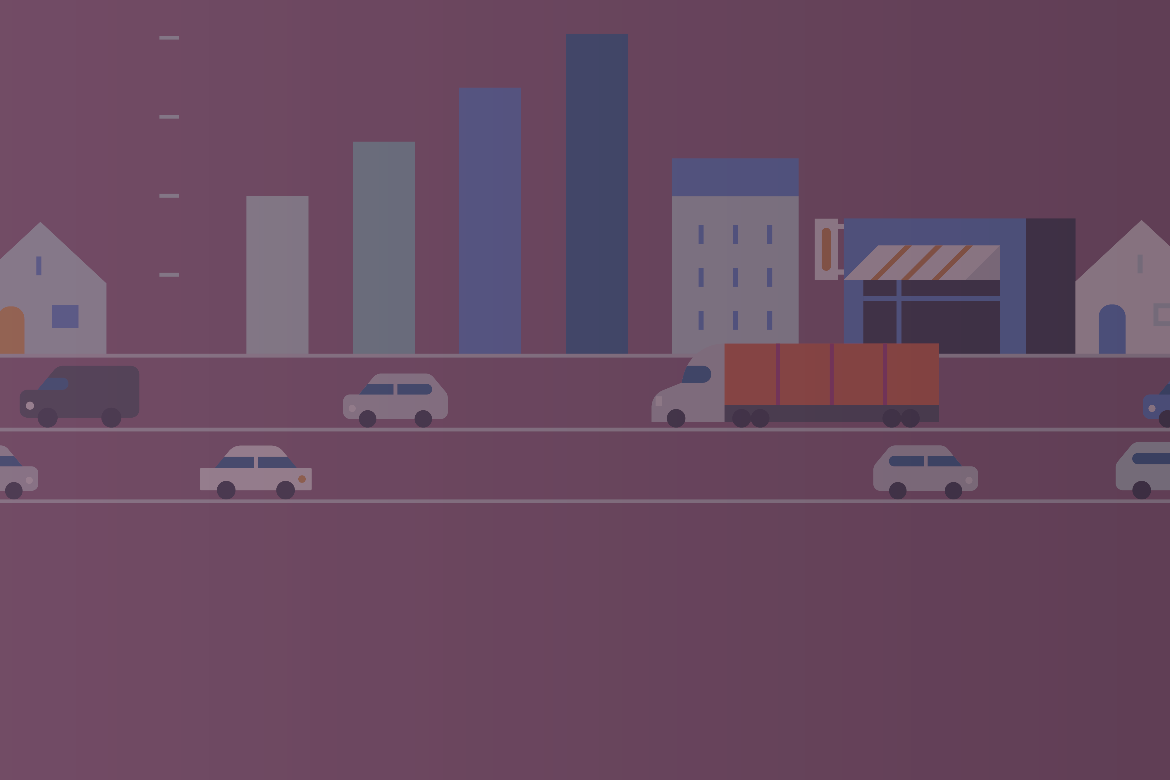 Cityscape graphic with cars on a road, tall buildings, and houses.