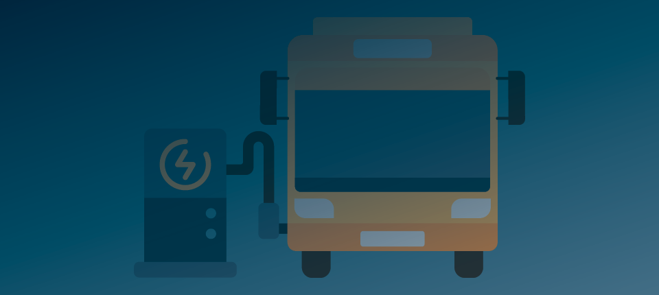 Electric charging station beside a bus, dark blue background.