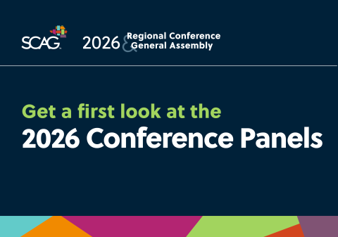 SCAG 2026 Regional Conference announcement with colorful abstract shapes.