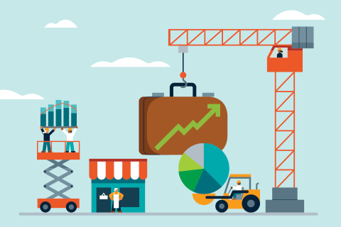 Crane lifting a graph case, people analyzing data, and pie chart near a store.